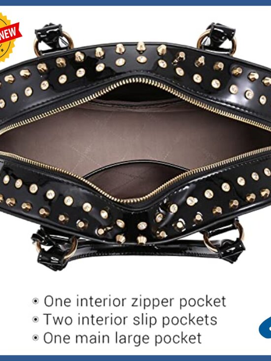 Black Patent Leather Satchel, Studded Rhinestone Purse  Structured Patent Leather Satchel Tote with Rhinestones Removable Shoulder Strap